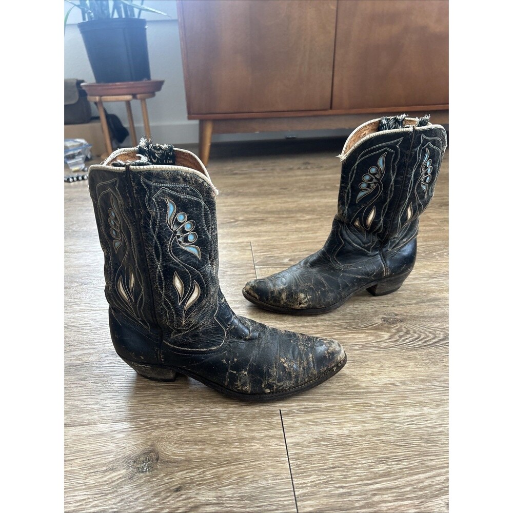 Vtg Women’s 1950’s Acme Cowboy Boots Size 10 C Inlay Peewee Black Western AS IS